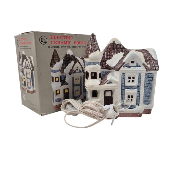 Lidco Ceramic Chirstmas House Glossy Blue Brown Snow Capped Lighted Vintage - Picture 4 of 10